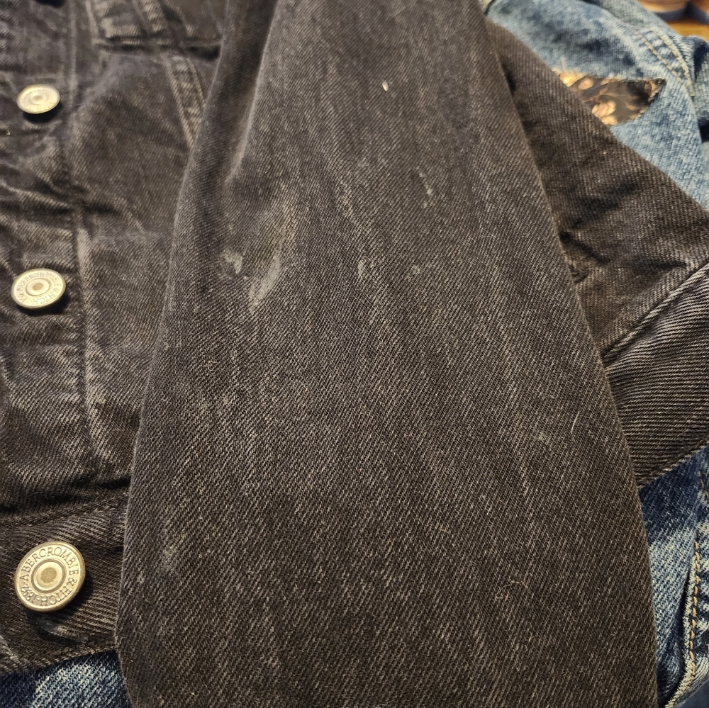 Re Worked A&F Black Denim Jacket With Strawberry Patch On Back - Picture 6 of 11